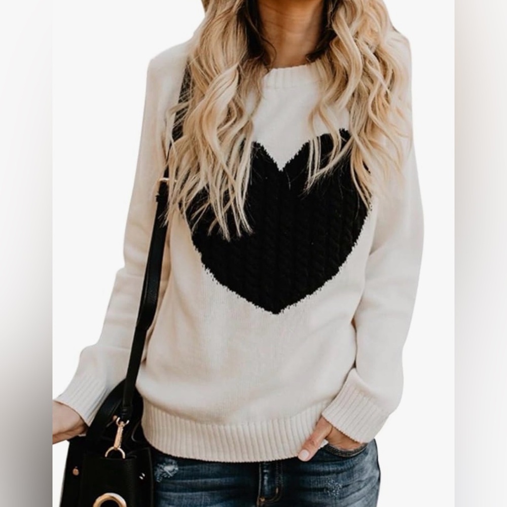 Shermie Women’s Large Cream Black Heart Crewneck Long Sleeve Valentine Sweater